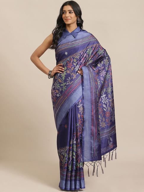 Saree Mall Blue Printed Saree With Unstitched Blouse Price in India