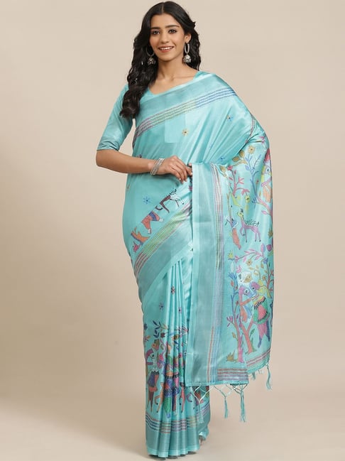 Saree Mall Sea Blue Printed Saree With Unstitched Blouse Price in India