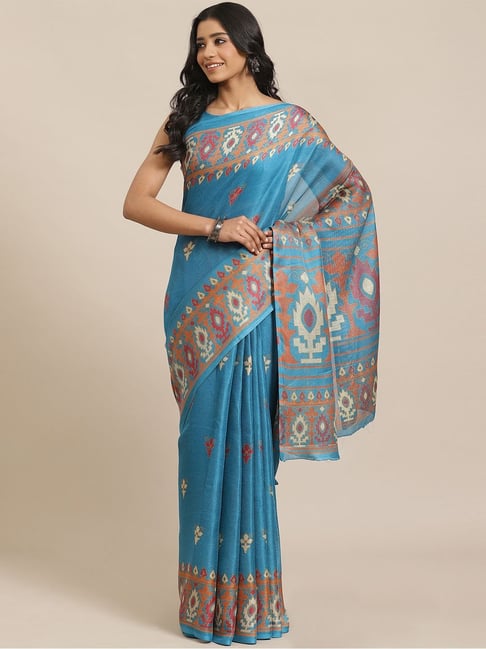 Elora woven designed patola silk saree (cyan blue) - Elora Fashion - 4265126