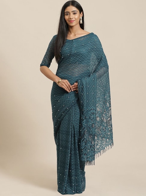 Saree Mall Teal Green Embellished Saree With Unstitched Blouse Price in India