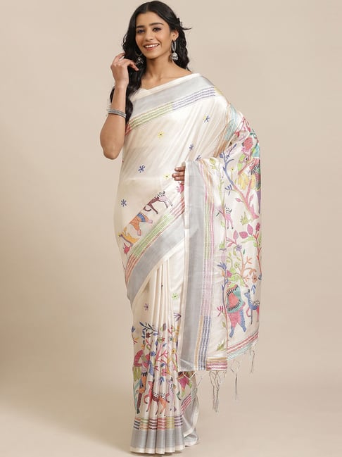 Saree Mall Beige Printed Saree With Unstitched Blouse Price in India