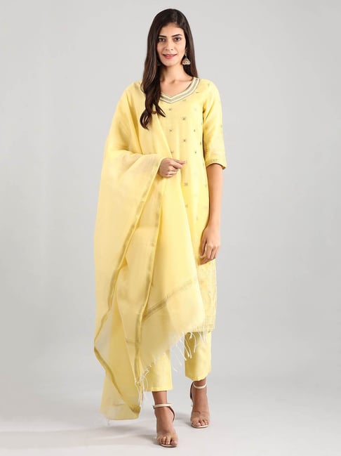 Aurelia Yellow Printed Kurta With Pant & Dupatta