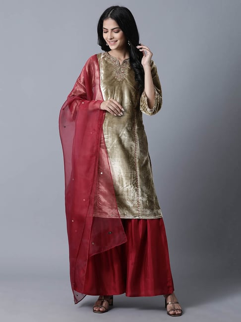 Wishful by W Gold & Red Embellished Kurta With Sharara & Dupatta