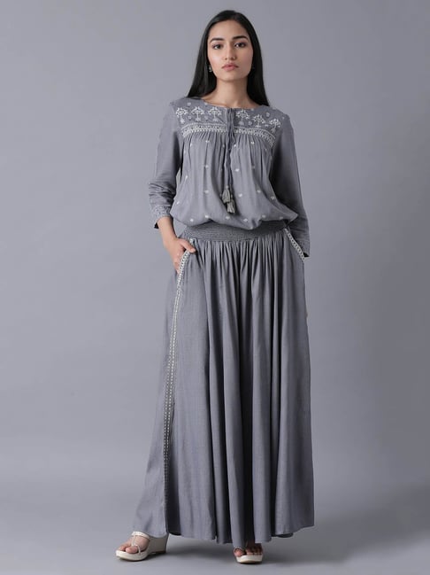 W Grey Embroidered Tunic With Pant Price in India
