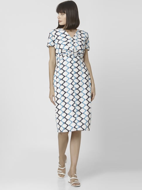 Vero Moda Off-White & Blue Printed A-Line Dress