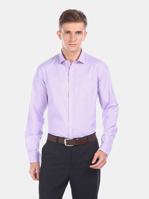 Excalibur Purple Cotton Regular Fit Self Pattern Shirt