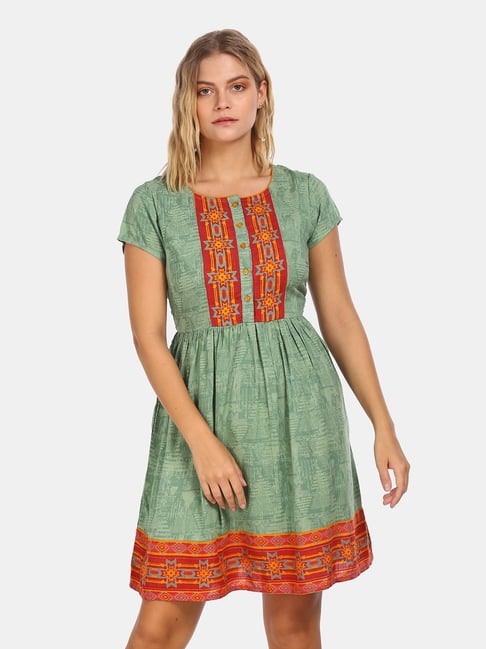 Karigari by Unlimited Green Printed Skater Dress Price in India