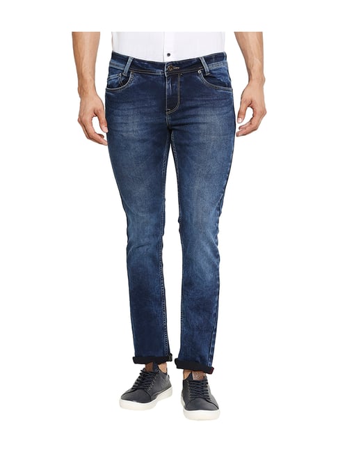 Mufti Blue Solid Regular Fit Mid Rise Jeans