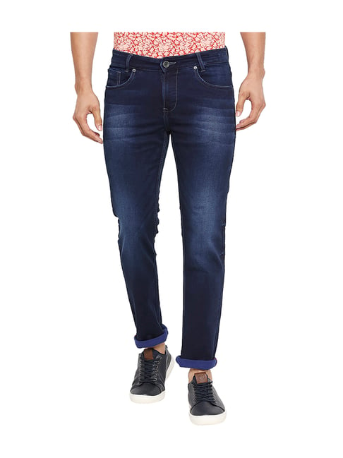 Mufti Dark Blue Solid Regular Fit Mid Rise Jeans