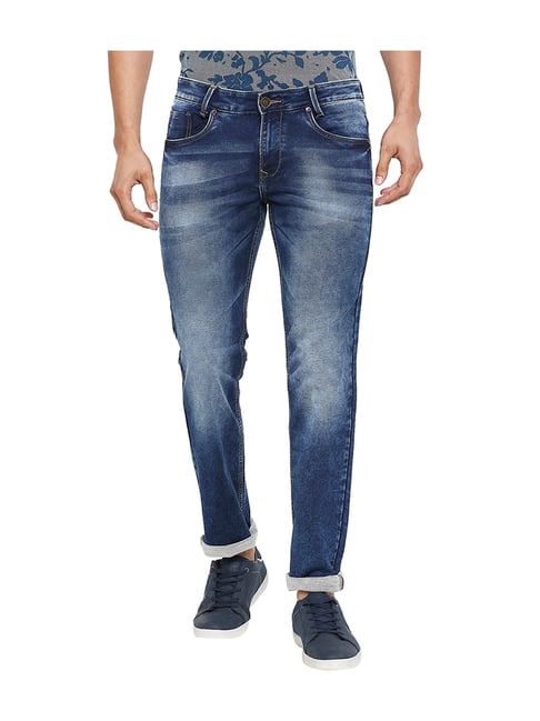 Mufti Blue Slim Fit Mid Rise Heavily Washed Jeans