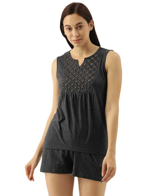 Slumber Jill Grey Cotton Embroidered Top & Shorts Set