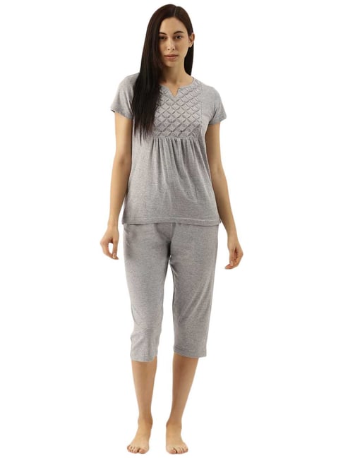 Slumber Jill Grey Cotton Embroidered Top & Capri Set