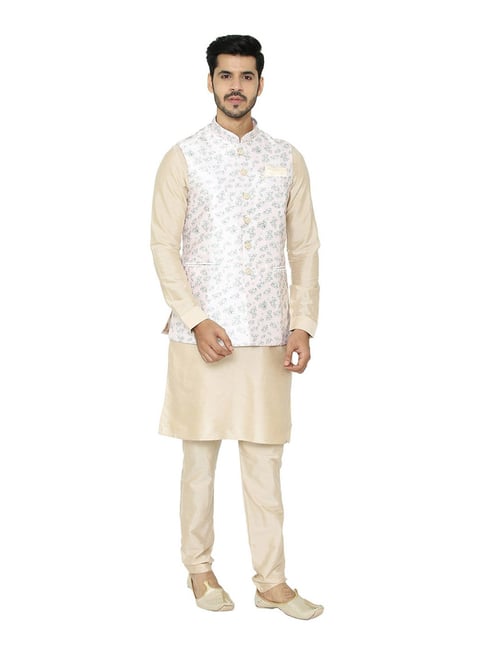 Buy Bright White Floral Patterned Jacket Set Online in the USA @Manyavar -  Kurta Jacket Set for Men