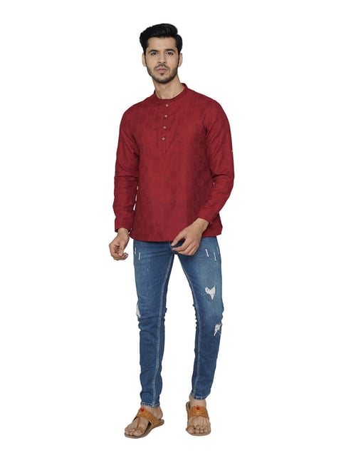 Manyavar Maroon Self Print Short Kurta 