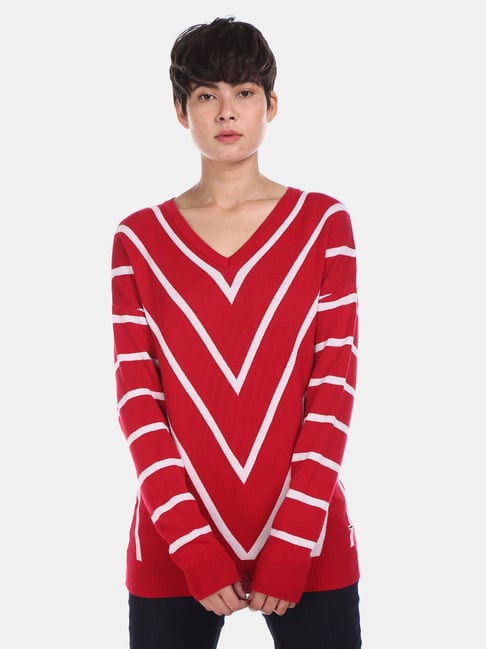 U S Polo Assn U.S. Polo Assn. Red Striped V Neck Sweater