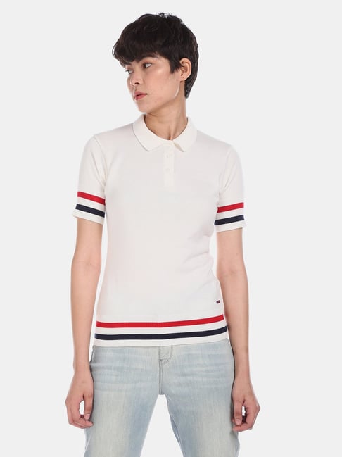 U S Polo Assn U.S. Polo Assn. Off White Shirt Collar Striped T-Shirt