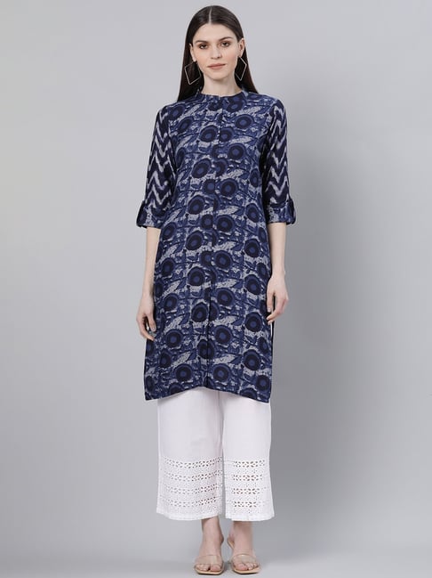 Gerua Navy Cotton Printed Straight Kurta