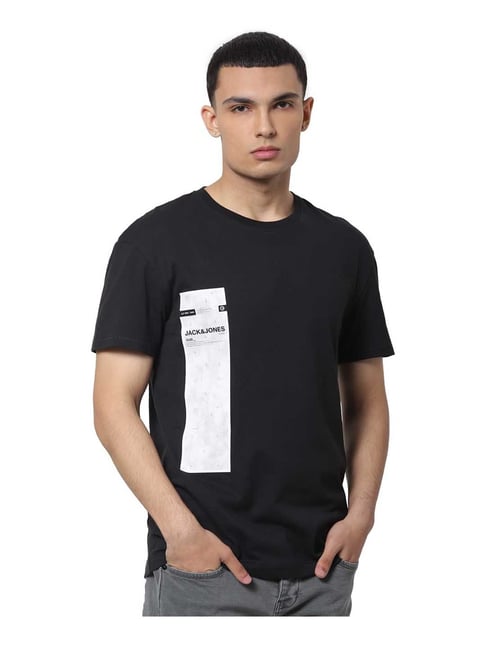 Jack & Jones Black Printed Cotton Round Neck T-Shirt