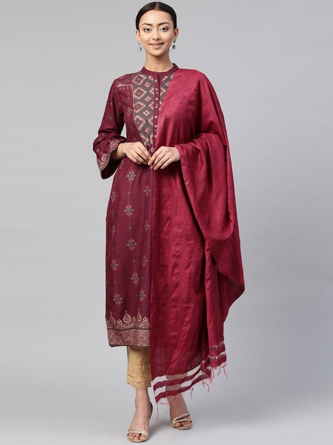 Juniper Wine Printed Straight Kurta With Dupatta Price in India