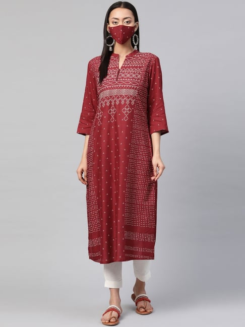 Juniper Maroon Printed Straight Kurta With Mask Price in India