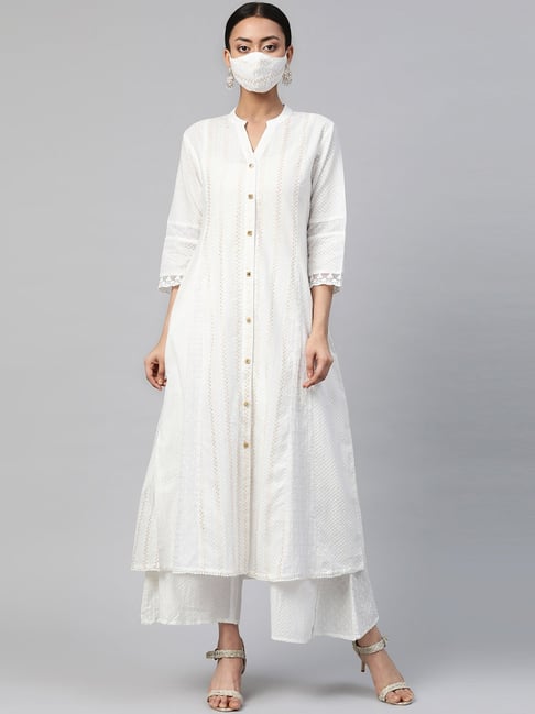Juniper White Cotton Printed A Line Kurta With Mask Price in India
