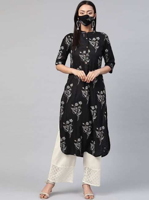 Juniper Black Printed Straight Kurta With Mask Price in India