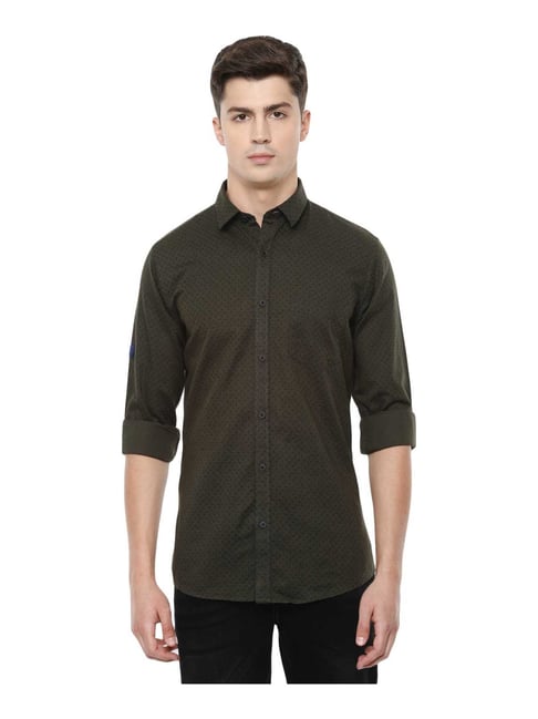Buy Van Heusen Olive Green Cotton Linen Slim Fit Printed Shirt for