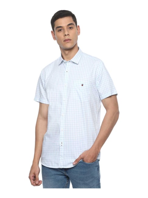 Louis Philippe White Cotton Slim Fit Checks Shirt