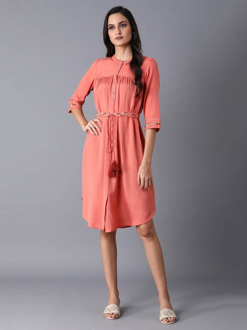 W Pink Embroidered A-Line Dress Price in India