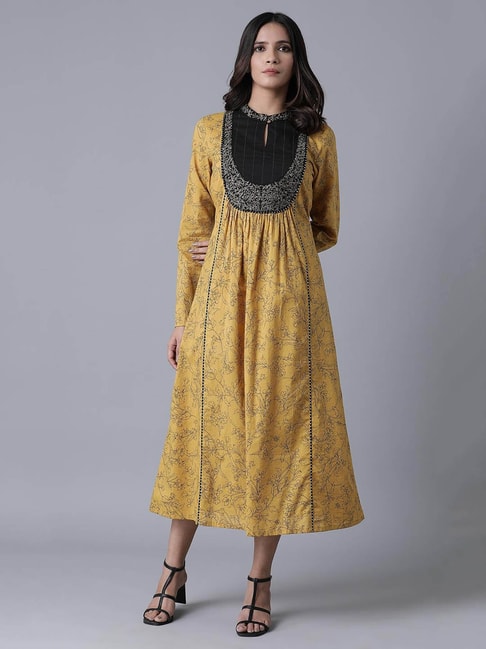 W Yellow Embroidered A-Line Dress Price in India