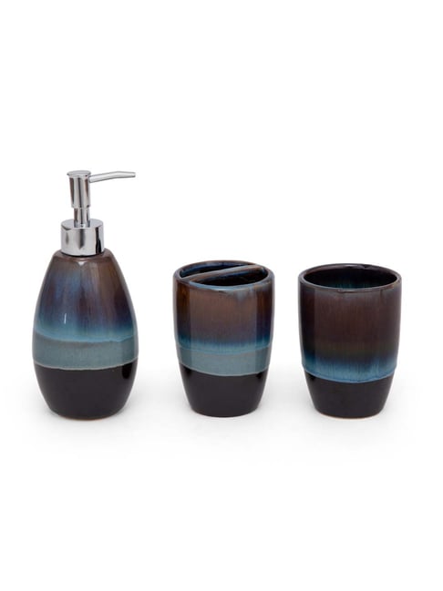 Home4U Dylan Brown & Blue Ceramic 3 Piece Bath Accessories Set