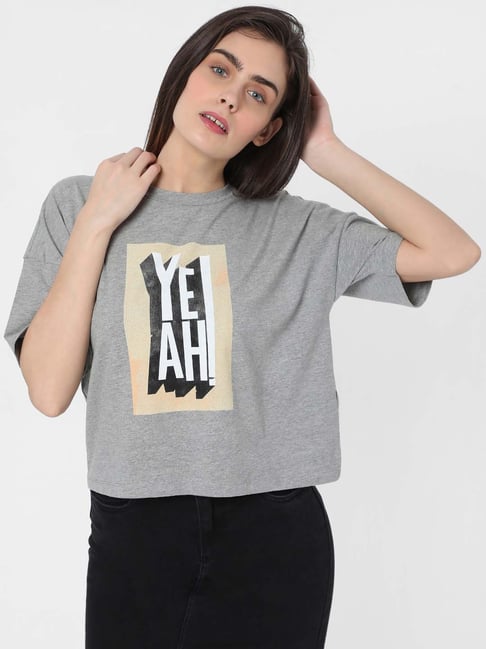 Vero Moda Grey Cotton Printed T-Shirt