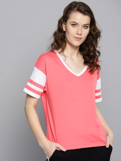 Buy Harpa Women Rose Solid Round Neck Pure Cotton T Shirt