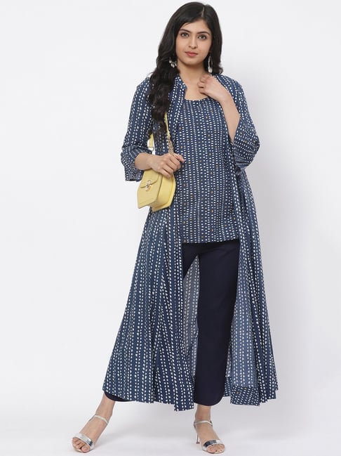 Biba Indigo Printed Kurta Pant Set With Jacket