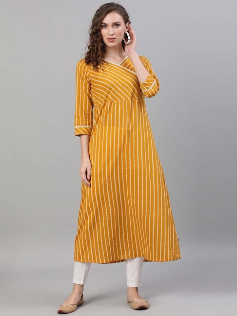 Aks Mustard Cotton Striped A Line Kurta