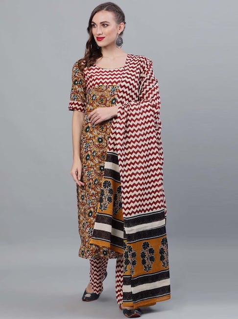 Aks Mustard & Red Cotton Printed Kurta Palazzo Set With Dupatta