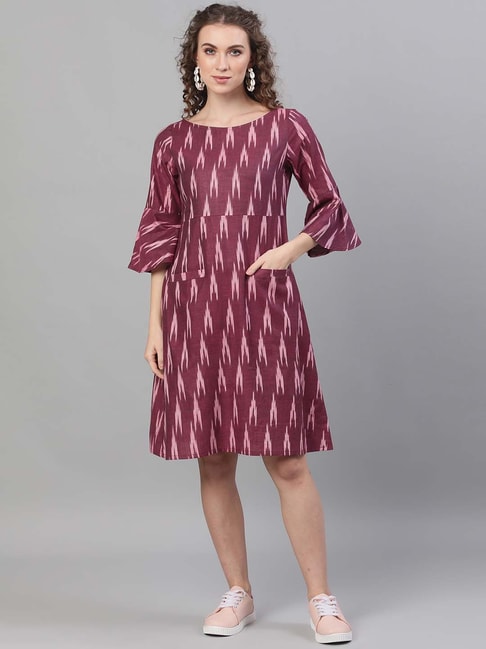 Aks Maroon Cotton Printed A-Line Dress Price in India