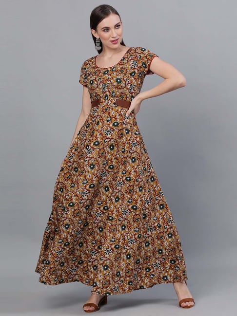 Aks Mustard Cotton Printed Maxi Dress Price in India