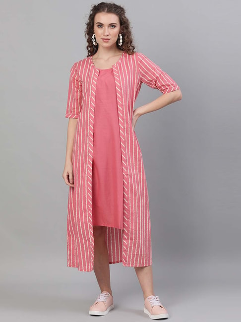 Aks Pink Cotton Striped A-Line Dress Price in India