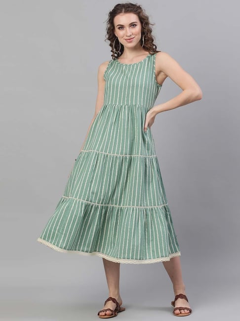 Aks Green Cotton Striped A-Line Dress Price in India