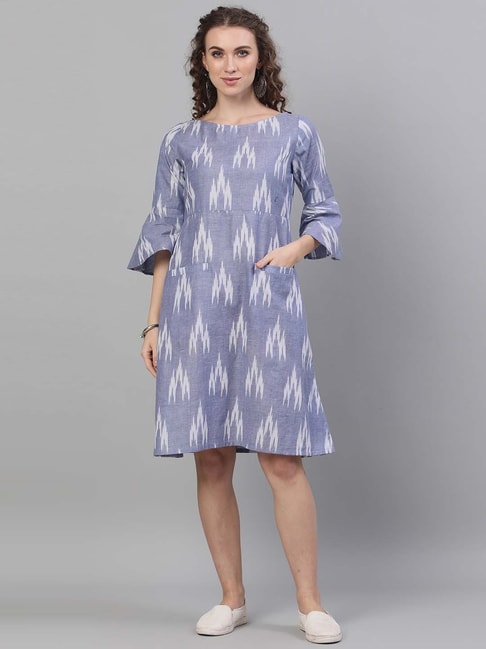 Aks Blue Cotton Printed A-Line Dress Price in India