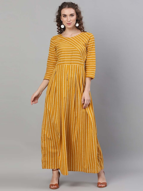 Aks Mustard Cotton Striped Maxi Dress Price in India