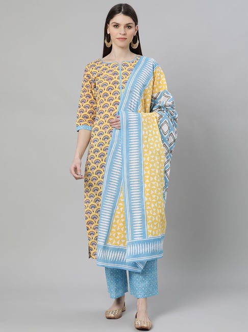 Gerua Yellow & Blue Cotton Printed Kurta Palazzo Set With Dupatta