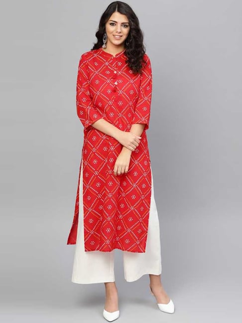 Yuris Red Cotton Printed Straight Kurta Price in India