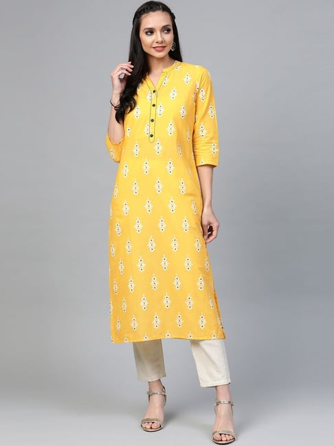 Yuris Yellow Cotton Printed Straight Kurta Price in India