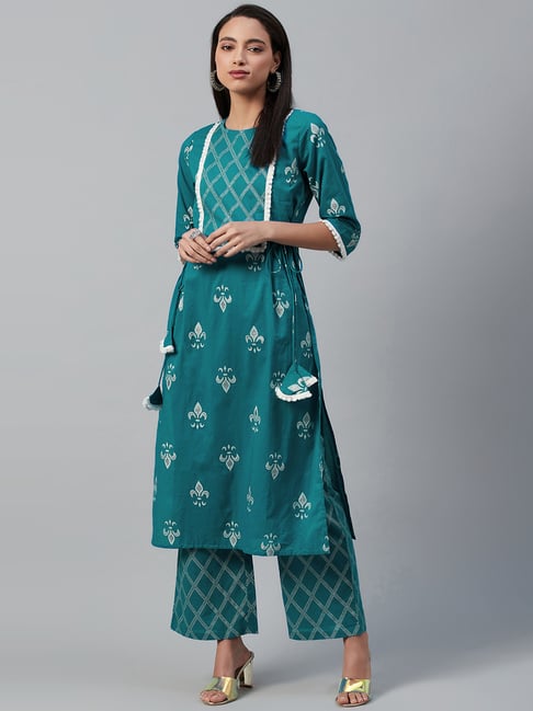 Yuris Blue & White Cotton Printed Kurta Palazzo Set Price in India