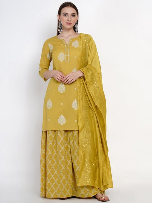 Yuris Yellow Cotton Printed Kurta Sharara Set With Dupatta Price in India