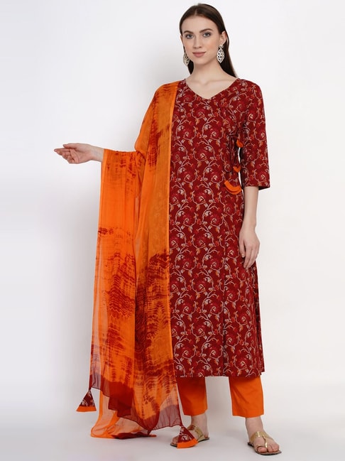 Yuris Maroon & Orange Cotton Printed Kurta Pant Set With Dupatta Price in India