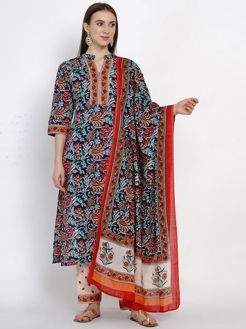 Yuris Blue & Beige Cotton Printed Kurta Palazzo Set With Dupatta