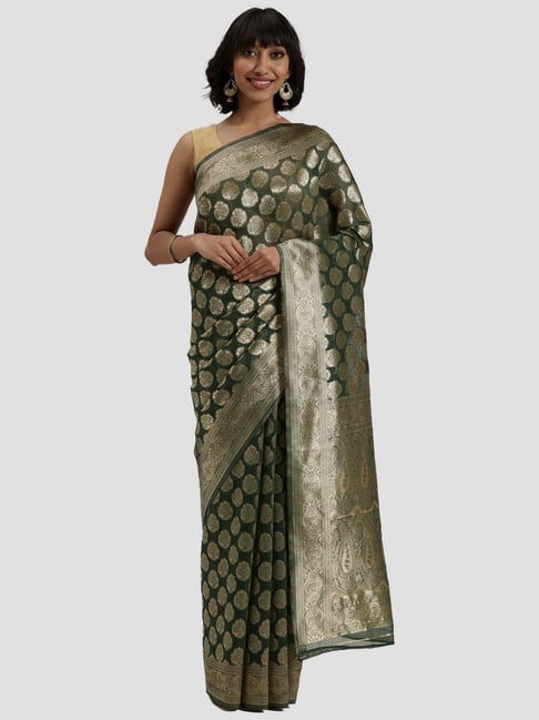 Mohey Green Zari Work Saree With Unstitched Blouse-picture-12